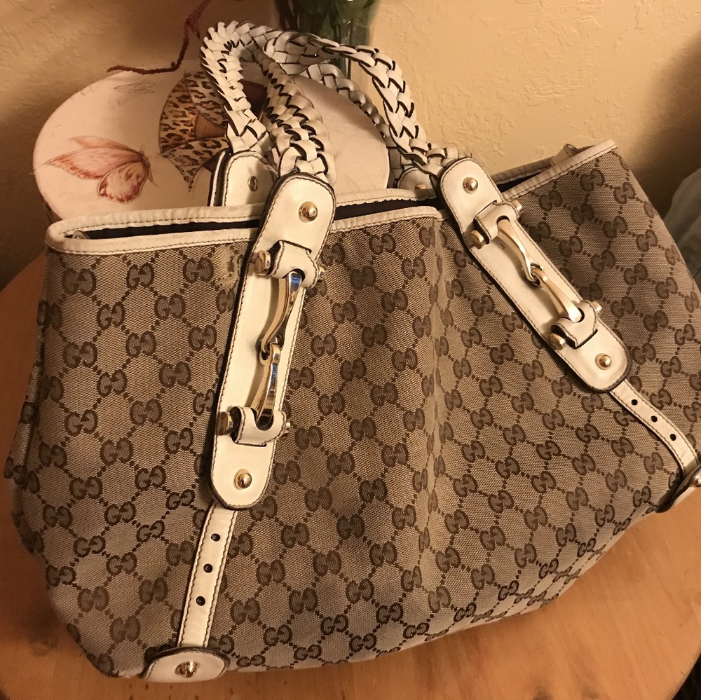 Gucci Beige Brown GG Canvas Shoulder Bag with White Trim